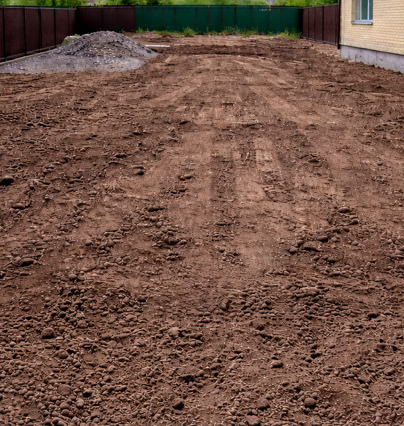 Подготовка основания, планировка участка, выемка грунта, устройство подушки под плитку и асфальт.